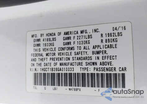 2016 Honda Accord Lx-S z USA, uszkodzony, nr VIN 1HGCT1B39GA010033